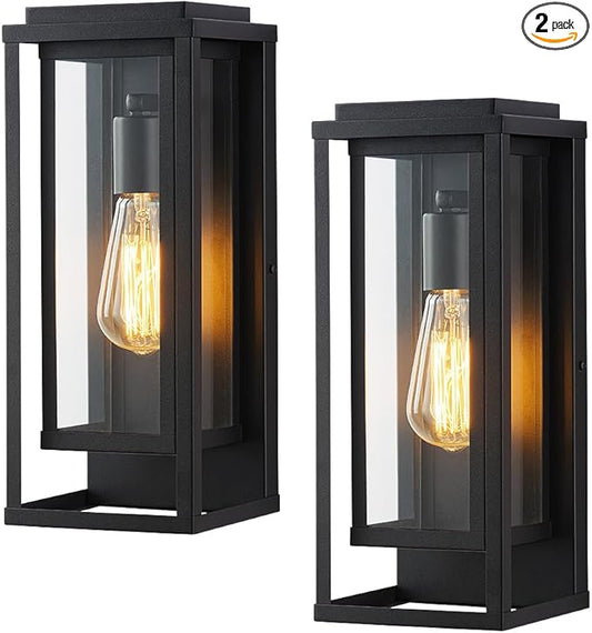 Cerdeco 14” Modern Outdoor Wall Sconce with Rectangular Metal Frame and Transparent Glass Shade,Black Outdoor Lighting for Garage Porch Patio Pack of 2