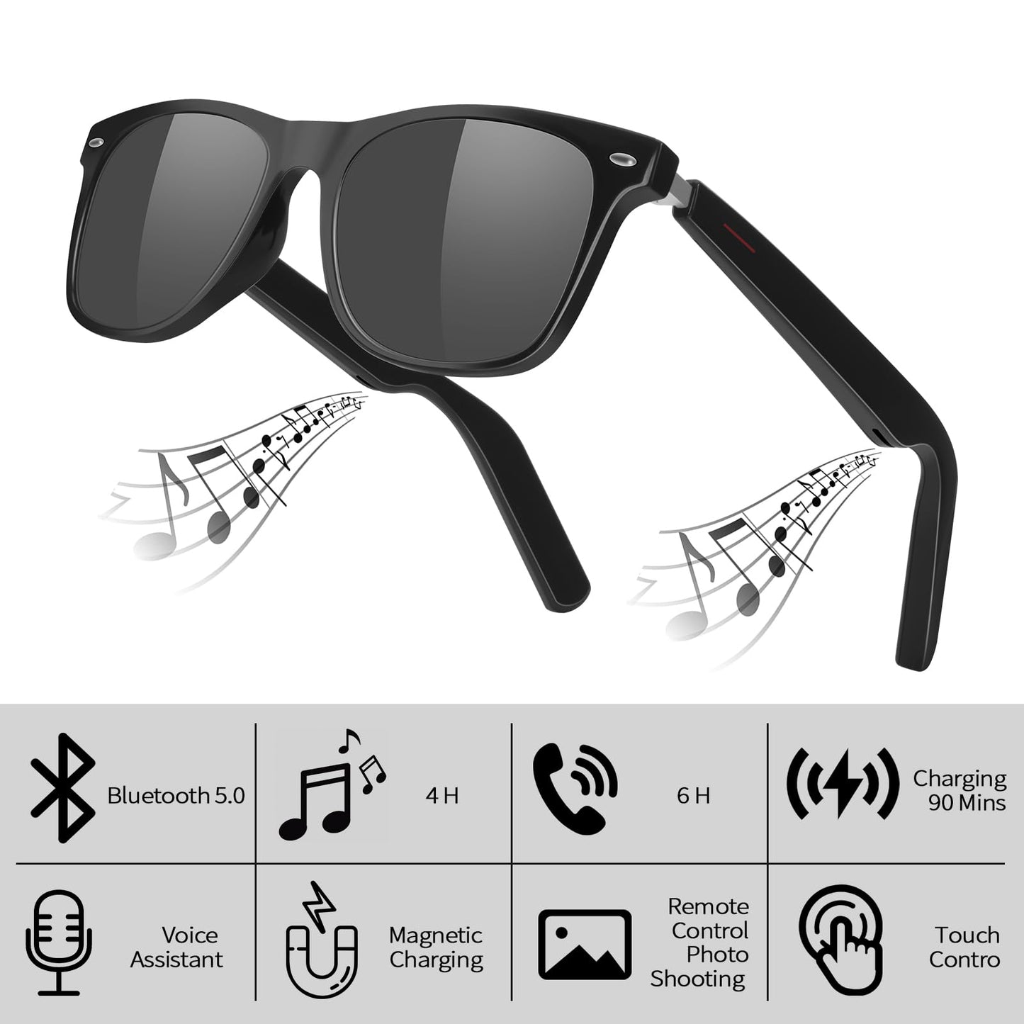 Smart Sunglasses Glasses for Men Women with AAC Speaker Open Ear Music Touch Buttons Remote Photo Voice Assistant Hand-free Calling, Unisex Audio Intelligent Bluetooth 5.0, Great Gift for Friends