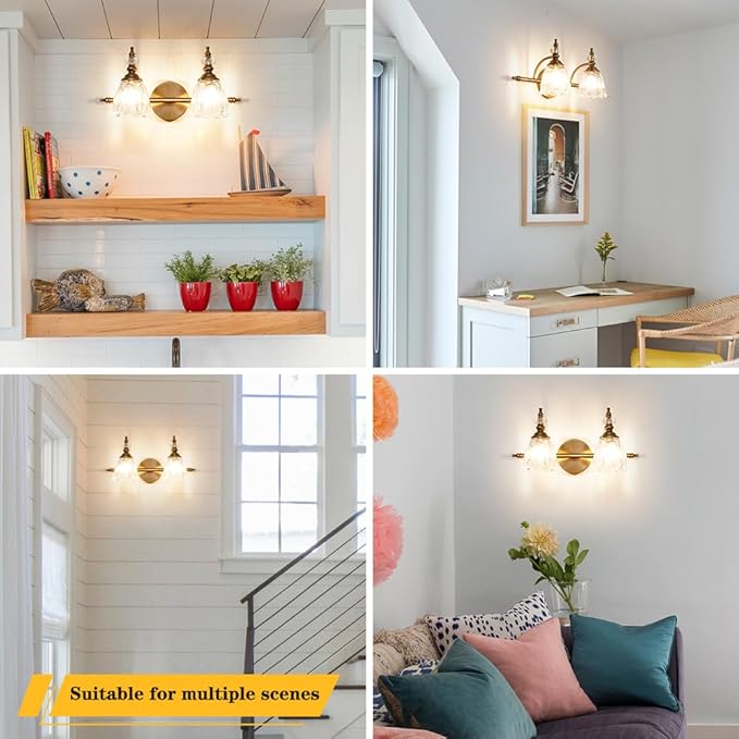 Brass Vanity Light, Farmhouse Brushed Gold Bathroom Light Fixtures, 2 Light Bathroom Vanity Lights, Flower Glass Shade Wall Sconce Lighting
