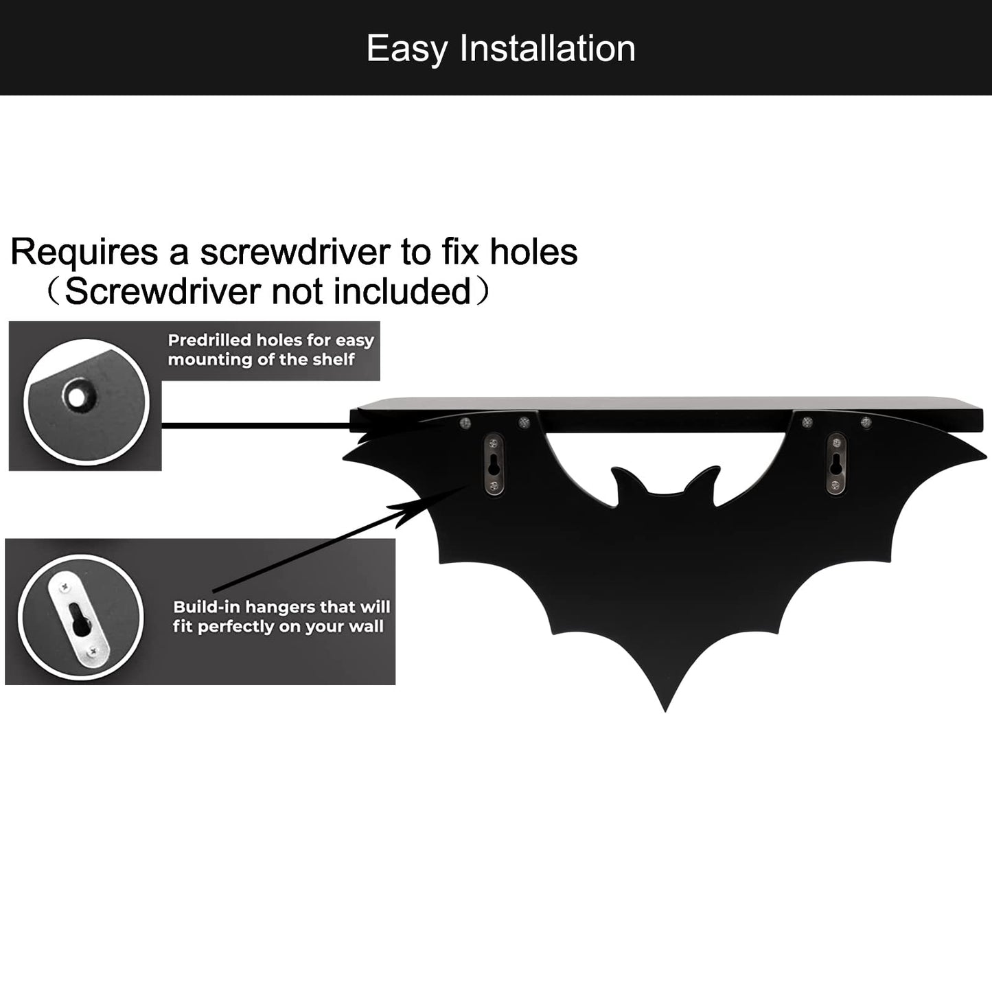 Bat Shelf Floating Shelves for Wall,15.5 inch Wall Shelf with 3 Key Hooks,Black Shelves for Living Room Bedroom Kitchen Gothroom