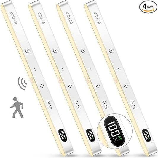 WILLED 3000K Closet Lights Motion Sensored, Battery Display, 60 LED Touch Light Bar, Motion Sensor Light Indoor, Under Cabinet Lights Rechargeable, Stick on Light for Closet, Kitchen, Hallway, 4 Pack