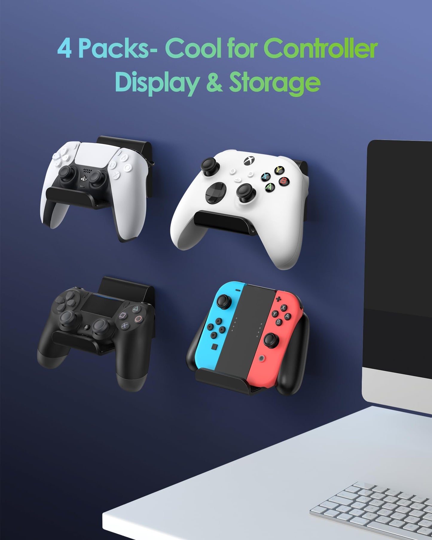 6amLifestyle 4 Pack Controller Holder Stand Built in Anti-Slip Pads for PS5 PS4 Xbox One Switch Pro Gamepad Controller Wall Mount Adhesive/Screws, Universal Controller Accessories Shark 14 Mini