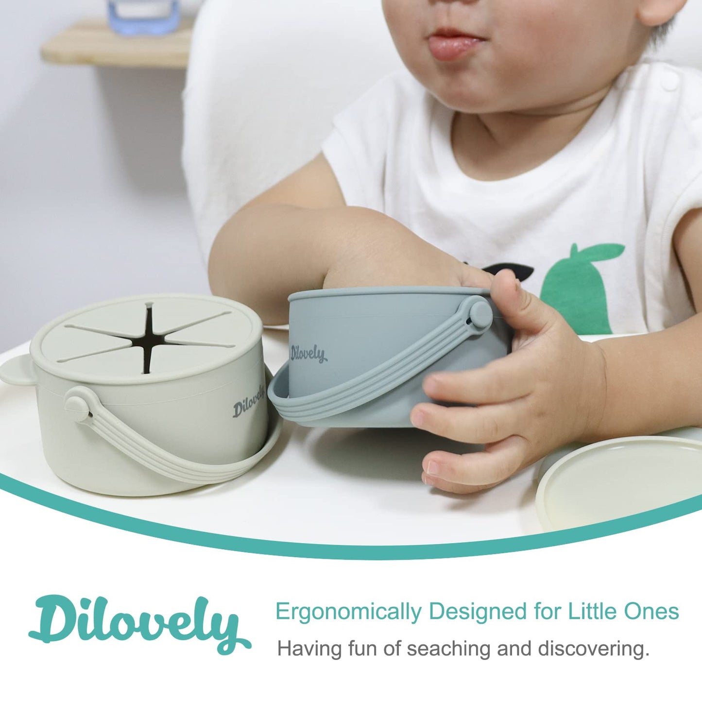 Dilovely Snack Cups for Toddlers, Silicone Snacks Containers, Baby Food Catcher Spill Proof, Kid Snacks Holder with DustProof Lid, 2 Pack Dishwasher Safe and BPA Free 9 Oz