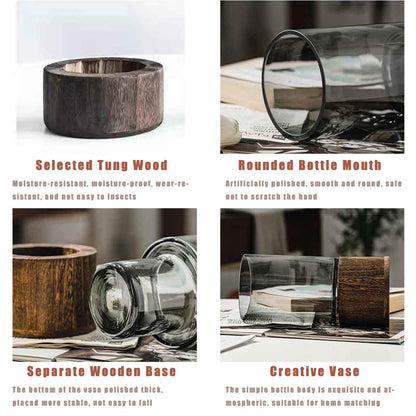 Artistic Wood Glass Vase, 10" H, Wooden Base Cylindrical Flower Vase, Classic Boho Rustic Style for Fireplace Bedroom Kitchen Living Room Centerpieces Office Desk