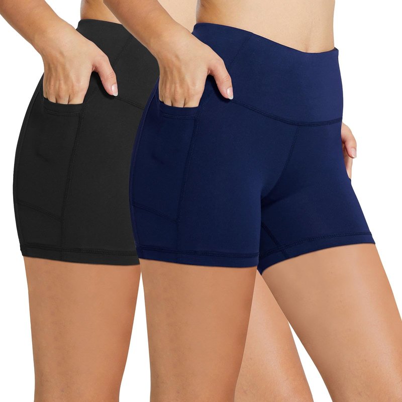baleaf Biker Shorts Women Yoga Gym Workout Spandex Running Volleyball Tummy Control Compression with Pockets 8" 2-Pack Black/Navy Blue L
