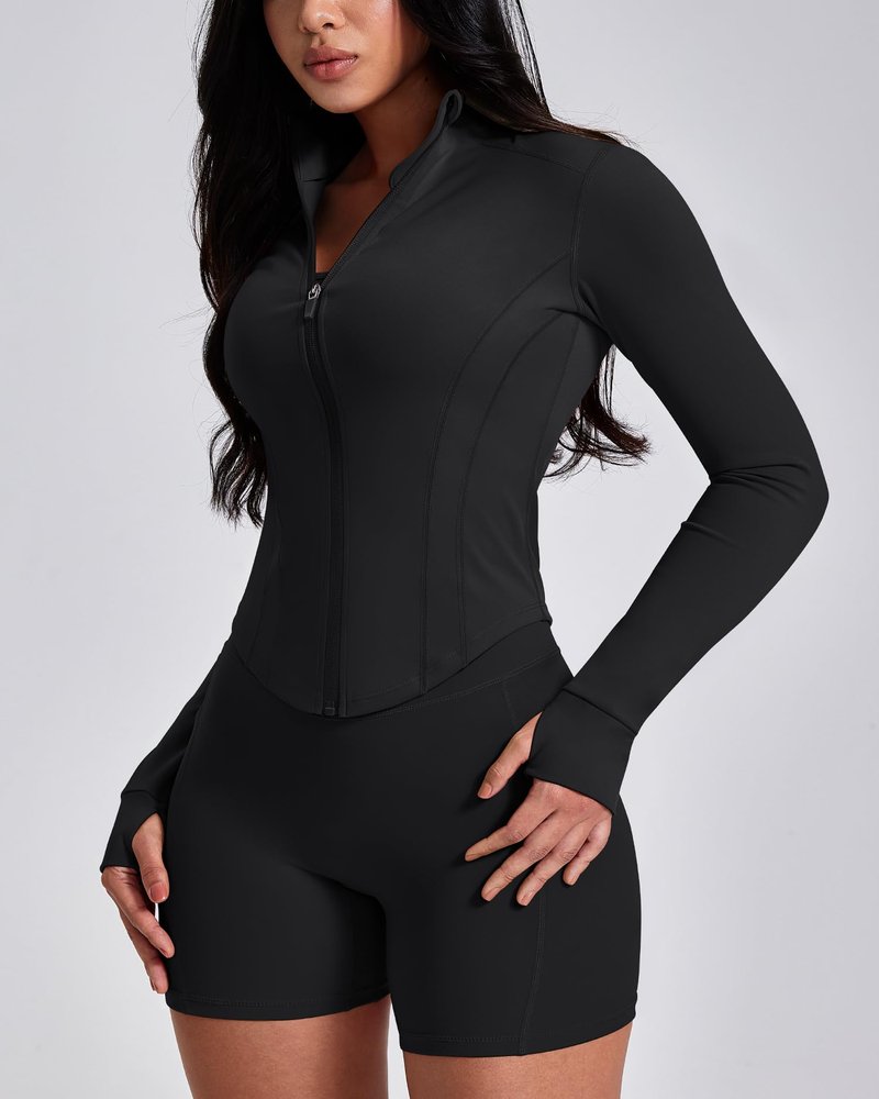 GYM RAINBOW Workout Jackets for Woman Lightweight Athletic Full Zip Running Jacket BBL Crop Tops With Thumb Holes(#1 Black,Medium)