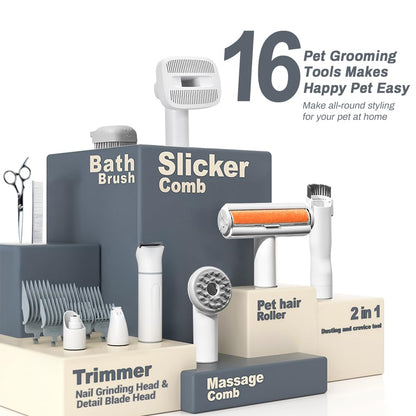 Bunfly Dog Grooming Kit,13000Pa Strong Grooming & Vacuum Suction 99.99% Pet Hair, 16 Pet Grooming Tools for Dogs Cats, 3L Large Capacity Dust Cup, Quiet Pet Vacuum Groomer (Silver & White)