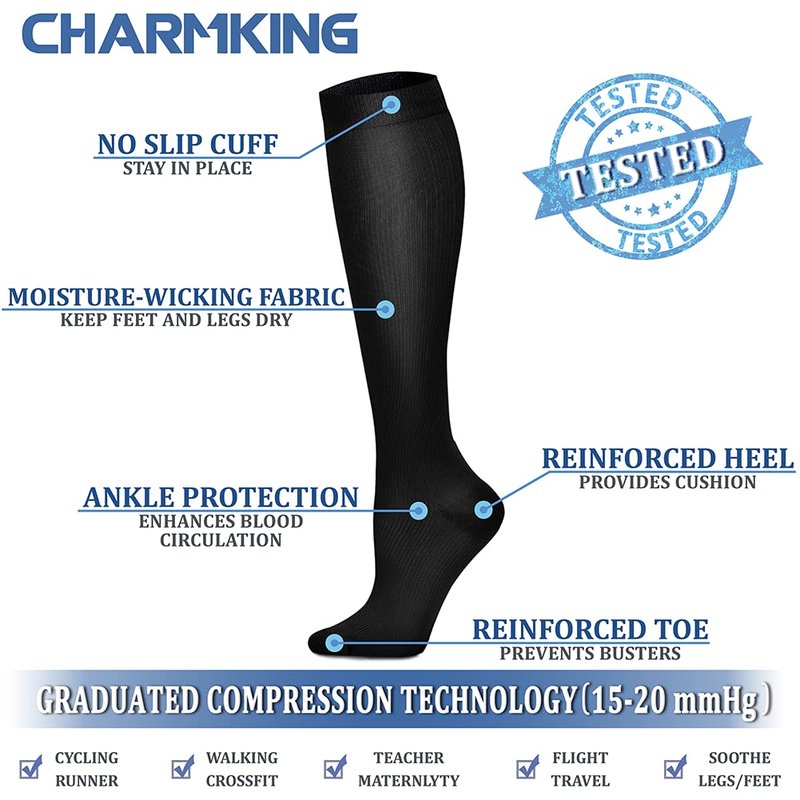 CHARMKING Compression Socks for Women & Men (8 Pairs) 15-20 mmHg Graduated Copper Support Calf Socks are Best for Pregnant, Nurses - Boost Performance, Circulation, Knee High Wide Calf(L/XL, Multi 02)