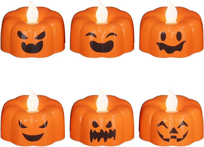 Halloween Flameless Candles with 6H Timer, Pumpkin Tea Lights with Ghost Face Flickering, LED Candles Battery Operated Fall Decor 6 Pack Φ 1.9" H 1.6" for Halloween Decorations
