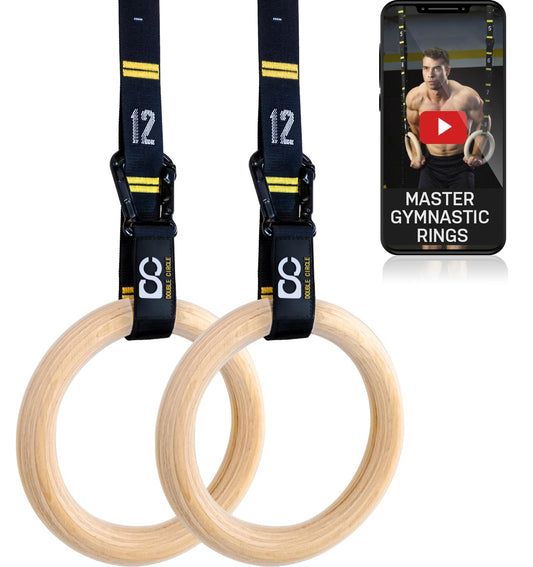 Double Circle Gymnastics Rings with Quick Adjust Numbered Straps and Exercise Videos Guide - Full Body Gym Rings - Calisthenics Rings Wooden Rings 1.25"