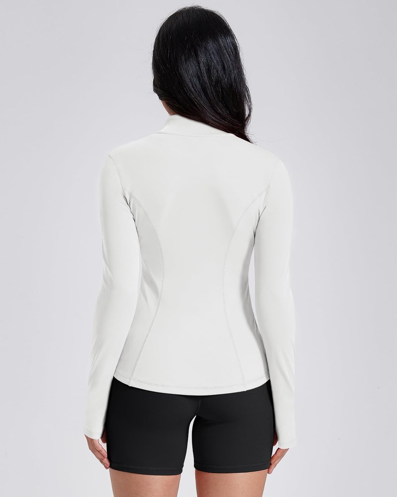 AVGO Womens Workout Jackets Lightweight Athletic Zip Up Jacket Slim Fit Running Gym Top with Pockets & Thumb Holes(White, L)