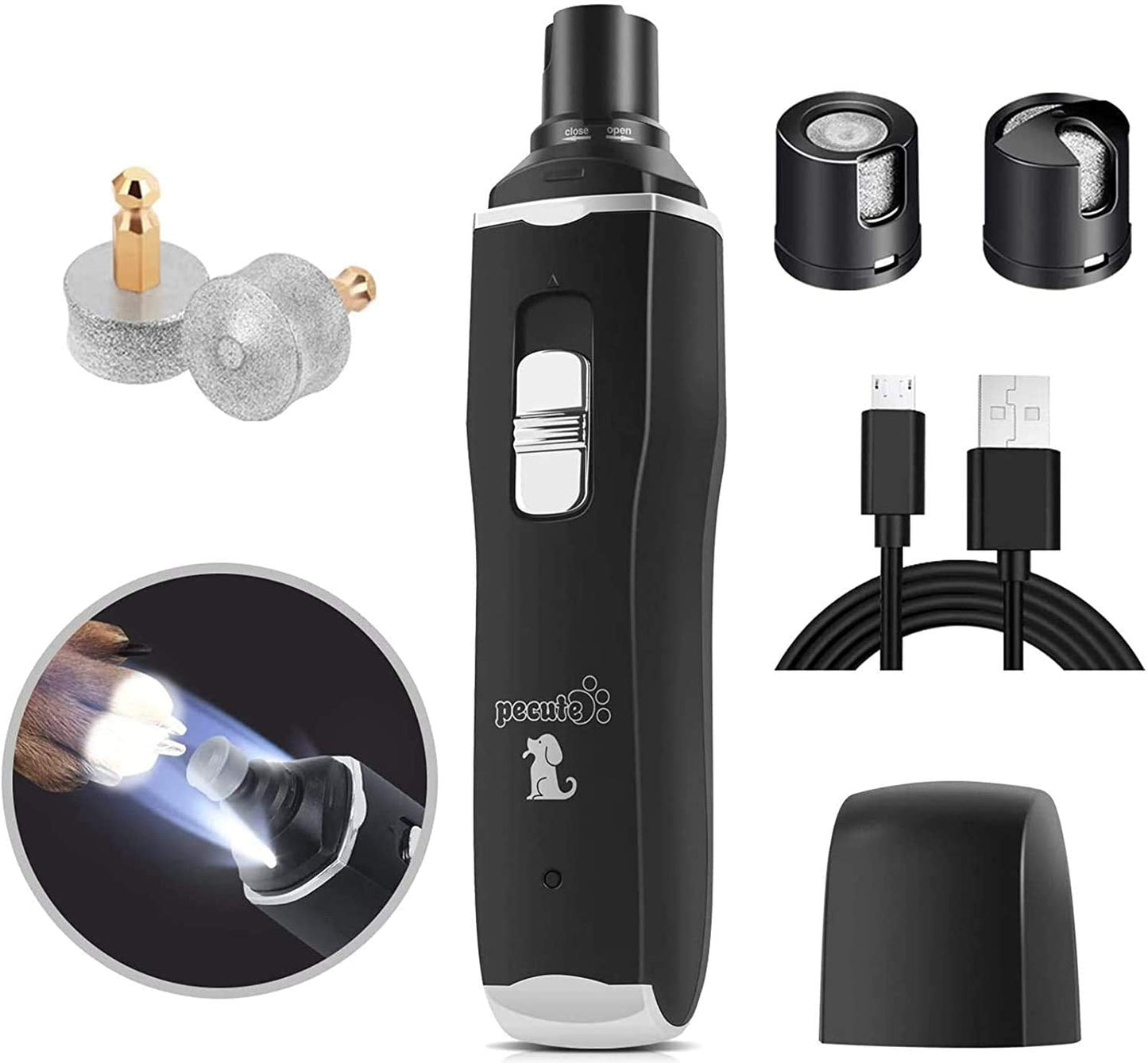 pecute Dog Nail Grinders with LED Light, 50 DB Low Noise Electric Pet Nail File Grinder, 2 Speeds Safe Smooth Grinding, 2 Hours Quick Charge, Strong Motor Great for Small to Large Pets(Black)