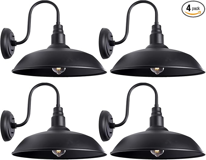 Large Black Gooseneck Barn Light for Farmhouse, 16in Dome Outdoor Wall Lights for Porch, 4 Pack Exterior Lighting Fixture with Goose Neck Arm for Front and Back Porch House Garage Door