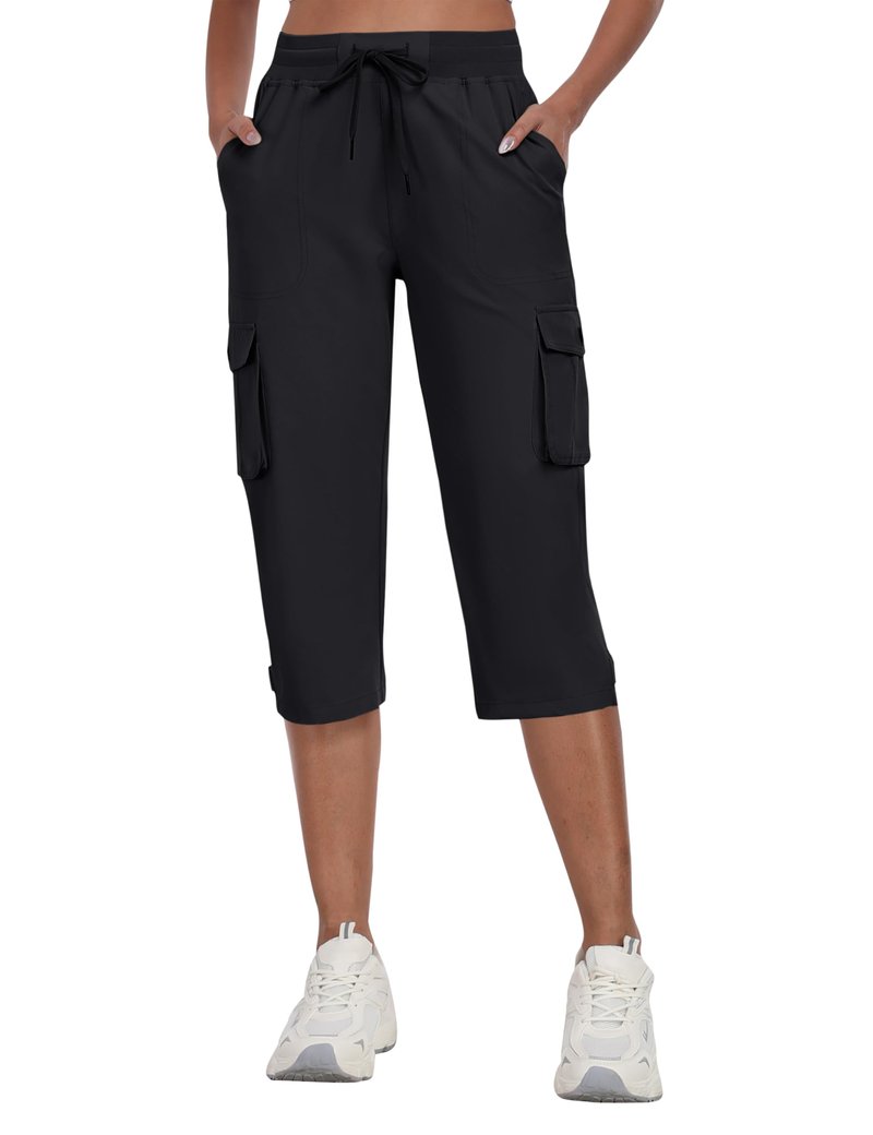 MoFiz Women's Cargo Capris Hiking Pants Lightweight Quick Dry Summer Outdoor Casual Travel Pants with Pockets Black 2XL
