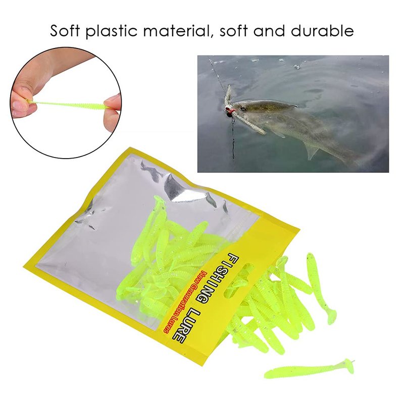 Fishing Lures, 50PCS Soft Plastic T Tail Grub Baits Kit, Swimbaits 2in Fluorescent Green, for Freshwater Saltwater Lakes Rivers Fishing Enthusiasts