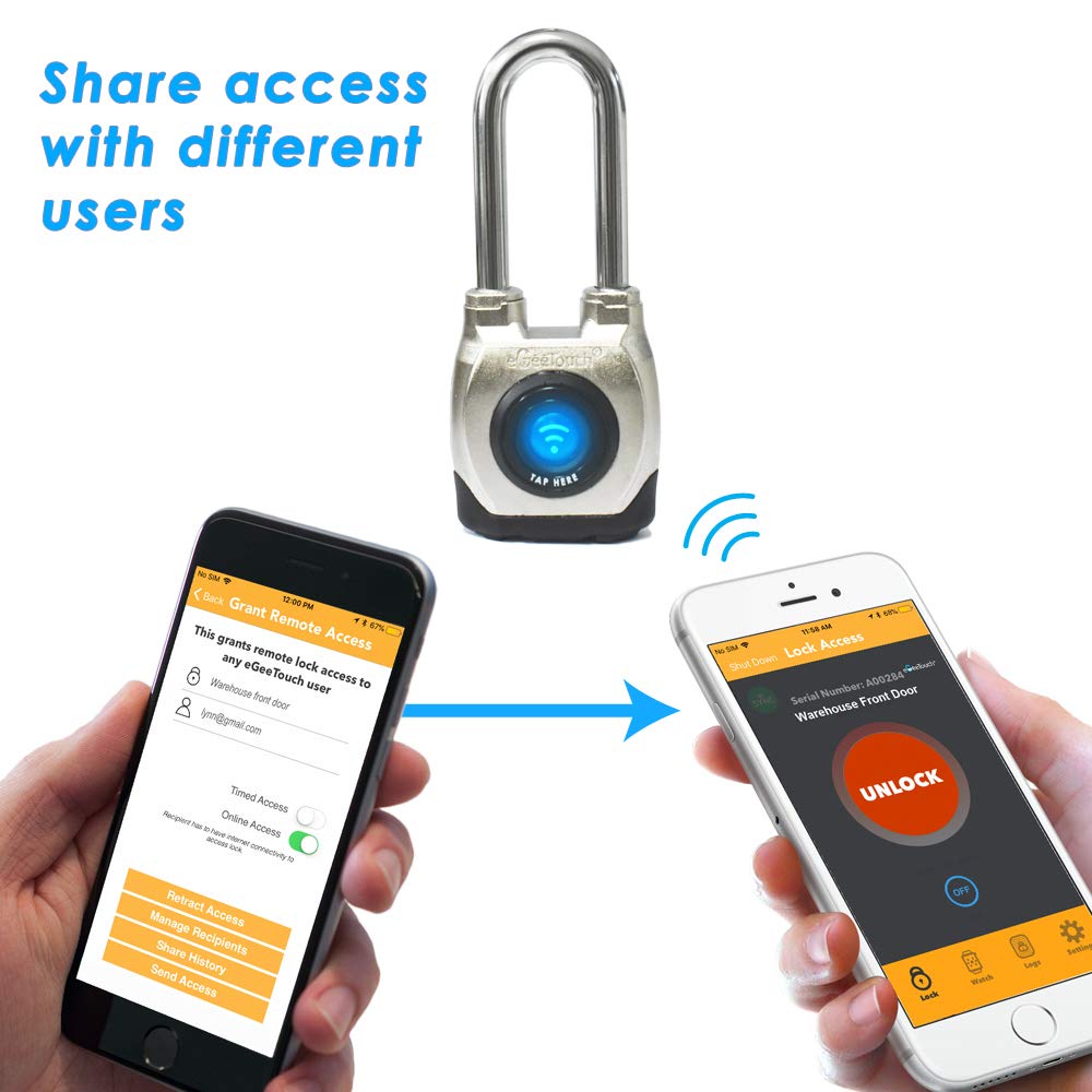 eGeeTouch 4th GEN. Smart Padlock, Weatherproof, Rugged Design for Commercial use, Bluetooth c/w NFC Fob (Long Shackle) (2 Pack)
