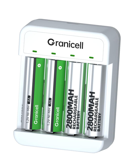 Granicell Rechargeable AA Batteries with Charger, 2800mAh 4-Pack NiMH Double A Batteries with Smart 4 Bay USB Fast Charging Battery Charger for Ni-MH Ni-CD