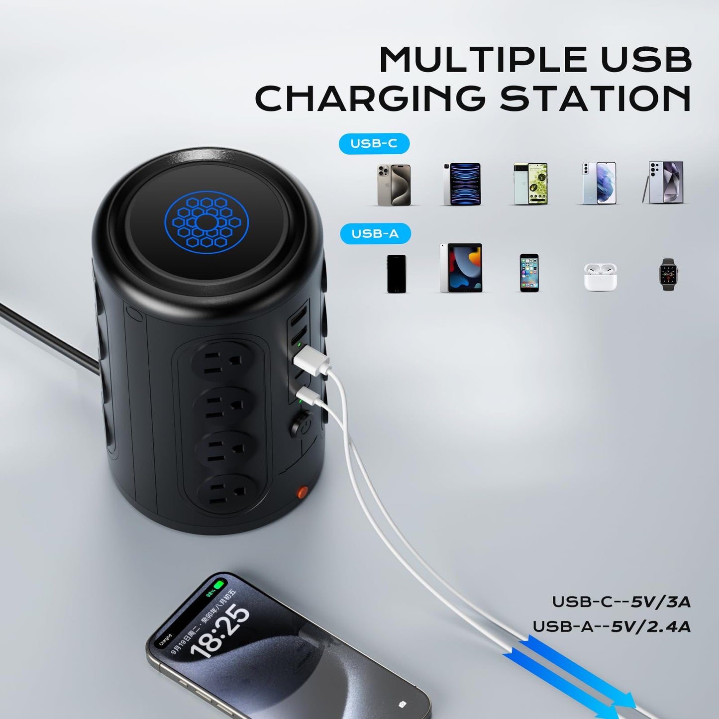 Surge Protector Power Strip 10 FT Cord, TenTrend Vertical Power Tower with 16 Outlets and 5 USB Ports (2 USB-C), 1875W 2000J Charging Station for Home Office Desk, Dorm Room Essentials, Black