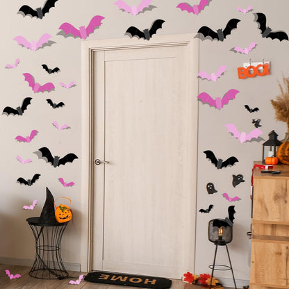 Pink Bats for Wall Halloween 3D Bat Blush and Black DIY Wall Decal Bathroom Indoor Cute Pastel Halloween, PVC Door Bats Stickers for Home (48pcs)
