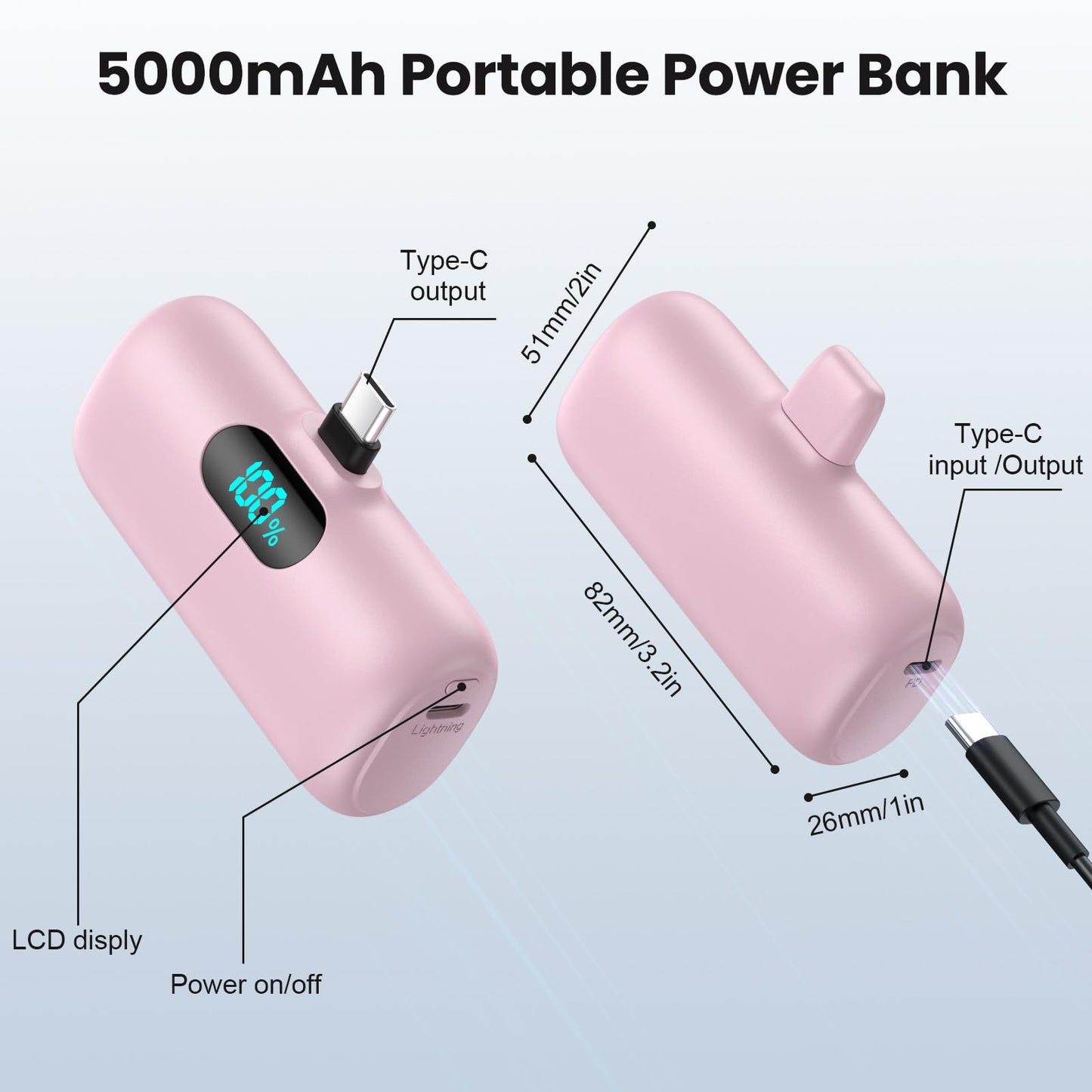 Mini Portable Charger USB C Power Bank,Upgraded 5000mAh PD Fast Charging Battery Pack Built-in USB-C Connector,LCD Display,Compatible with iPhone16,16 Plus,16Pro/Max/15,iPad Pro/Air,Android Phone etc