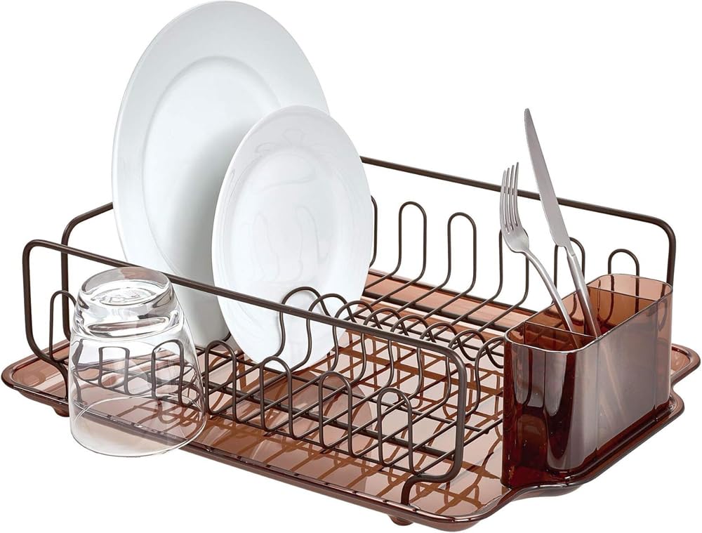 InterDesign Forma Kitchen Dish Drainer Rack with Tray for Drying Glasses, Silverware, Bowls, Plates - Amber/Bronze
