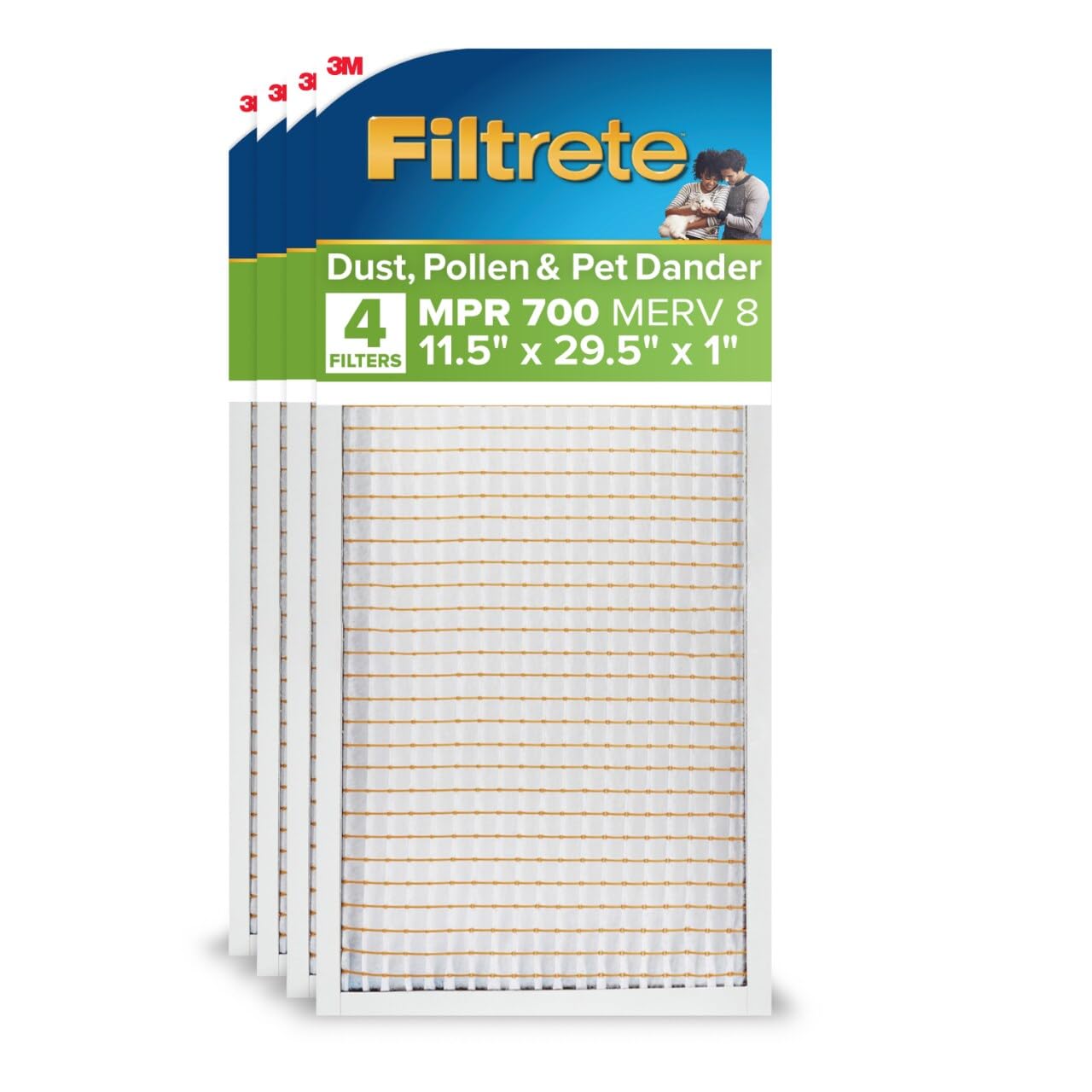 Filtrete 11.5x29.5x1 AC Furnace Air Filter, MERV 8, MPR 700, Tough on Pollen, Easy on Airflow, 3-Month Pleated 1-Inch Electrostatic Air Cleaning Filter, 4-Pack (Actual Size 11.19 x 29.19 x 0.81 in)