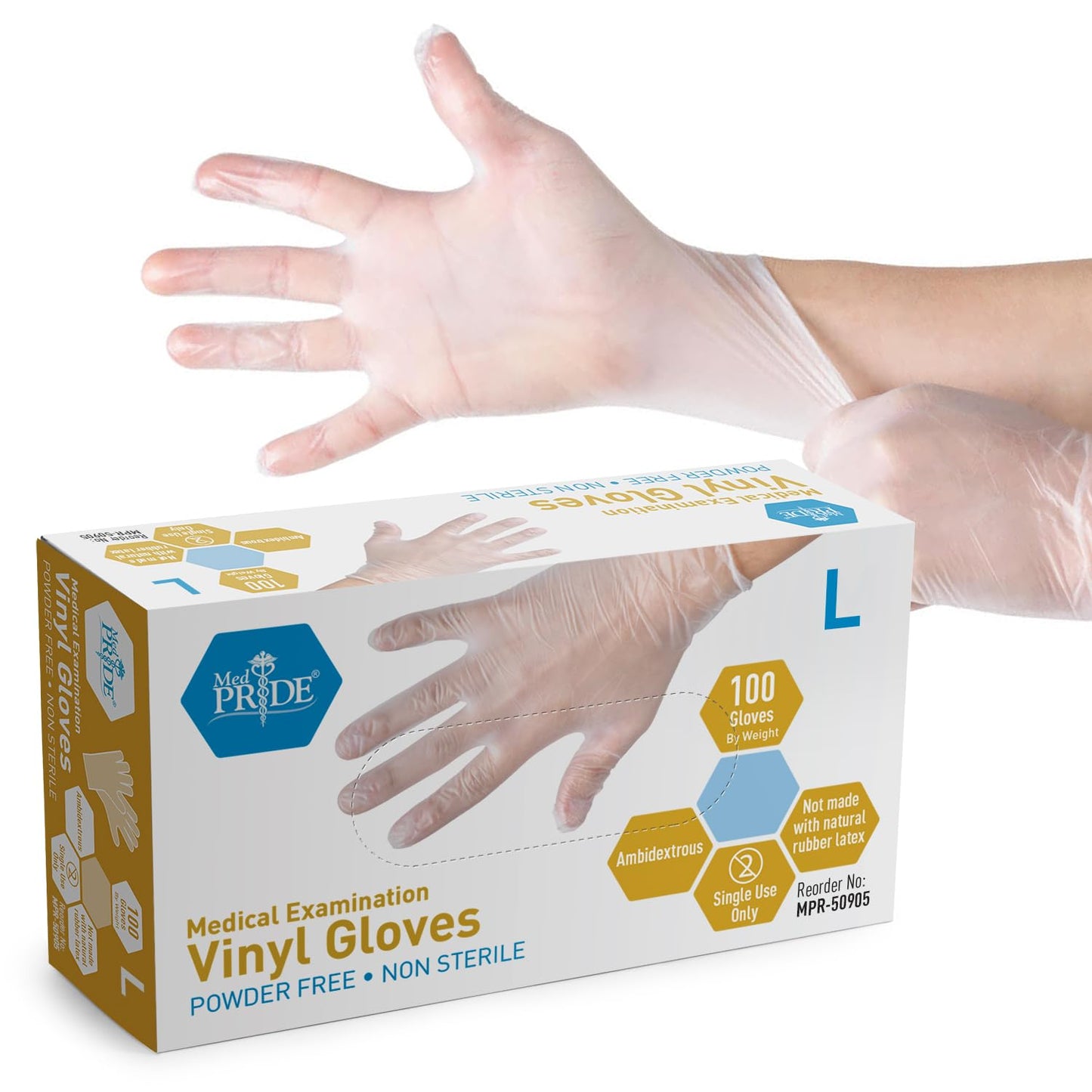 MED PRIDE Medical Vinyl Examination Gloves (Large, 100-Count) Latex & Rubber Free, Ultra-Strong, Clear Disposable Powder-Free Gloves for Healthcare & Food Handling Use