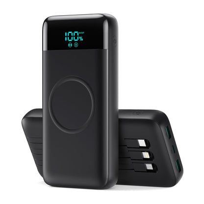 Wireless Portable Charger 40800mAh with 3 Built-in Cables,7-in-1 15W Wireless Charging Power Bank,25W PD QC 4.0 Fast Charging USB C LCD Display Battery Pack for iPhone 17/16/15/13,Samsung,Android etc