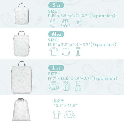 Cambond Compression Packing Cubes for Travel, 5 Pack Luggage Expandable Packing Organizers Compression Cubes for Suitcases with Laundry Bag, White Teardrop-shaped Texture
