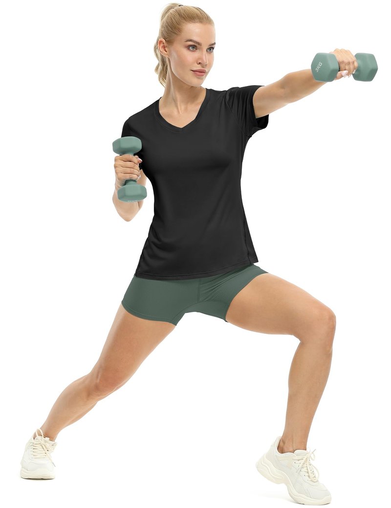 icyzone Workout Shirts Yoga Tops Activewear V-Neck T-Shirts for Women Running Fitness Sports Short Sleeve Tees (Solid Black/Pale Pink/Dark Green, XXL)