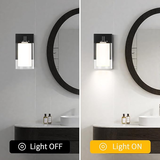 Wall Sconces Set of Two: Bathroom Sconce of 2, Black Vanity Fixtures with Double Clear Glass Shade, E26 Base Hardwired Farmhouse Wall Lights for Bedroom Living Room Bathroom (Bulb not Included)