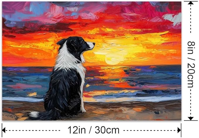 Yesad Dog Wall Art, Border Collie Painting Sunset Beach Canvas Print Impressionist Artwork Colorful Poster Pictures Gift for Dog Lover Wall Décor for Living Room Bedroom (Unframed,12”x8”, Dog1)