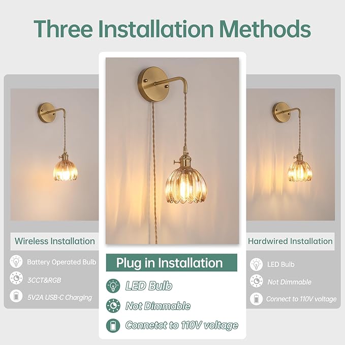 Vintage Wall Sconce Wall Lamp with Amber Tulip Glass Shade Hanging Wall Sconce with 4.9FT Plug in Cord, Modern Wall Lamp Fixtures Decor for Bedside Bedroom Indoor Doorway