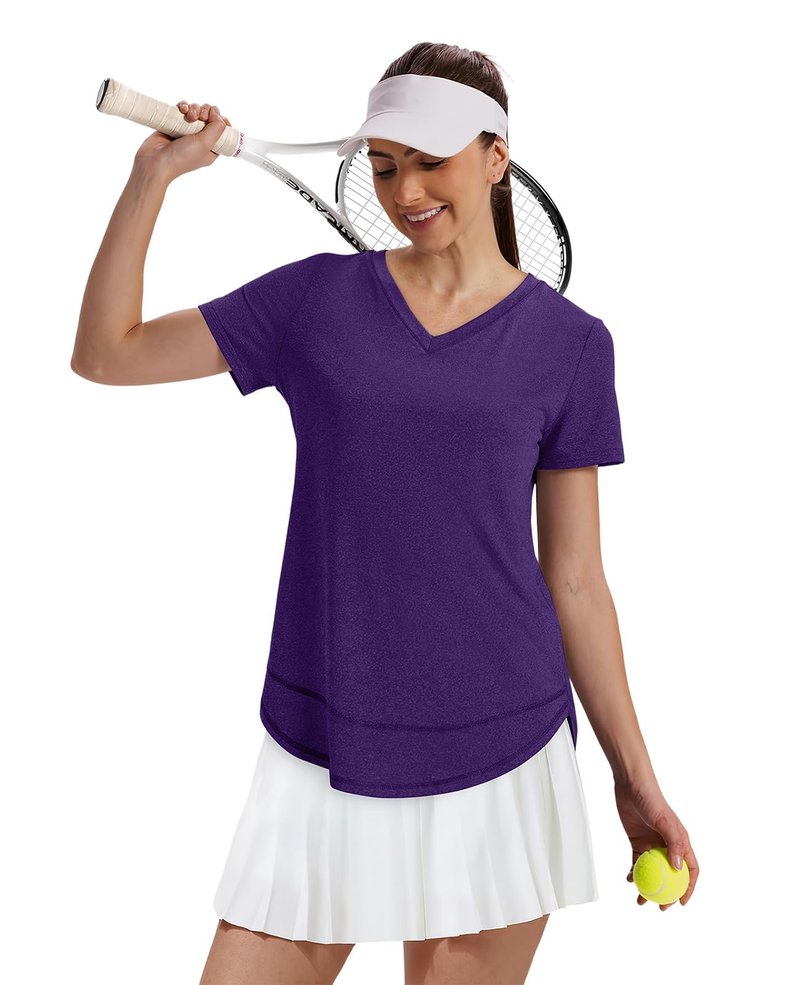 Oversized Tshirts for Women Dry Fit Plus Size Spring Clothes Summer Athletic Tops Workout Shirts V Neck Purple 3XL