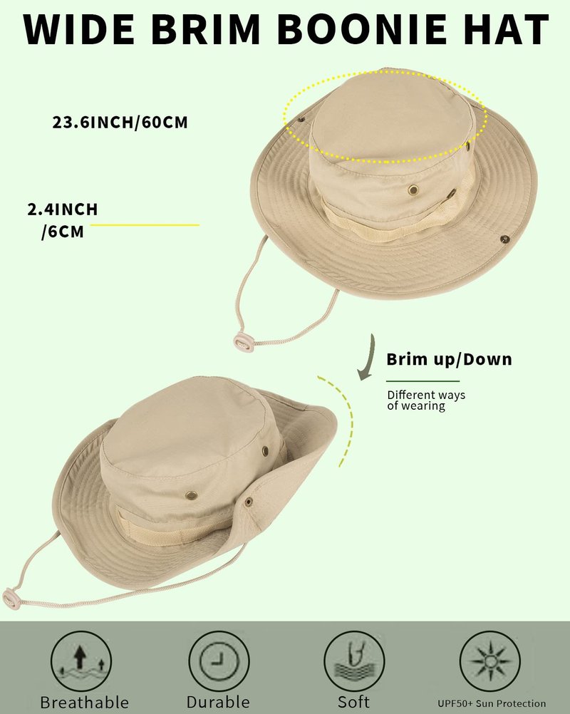Sun Hats for Men Women Bucket Hat UPF 50+ Boonie Hat Foldable UV Protection Hiking Beach Fishing Summer Safari(2pack-Beige+Gray Digital)