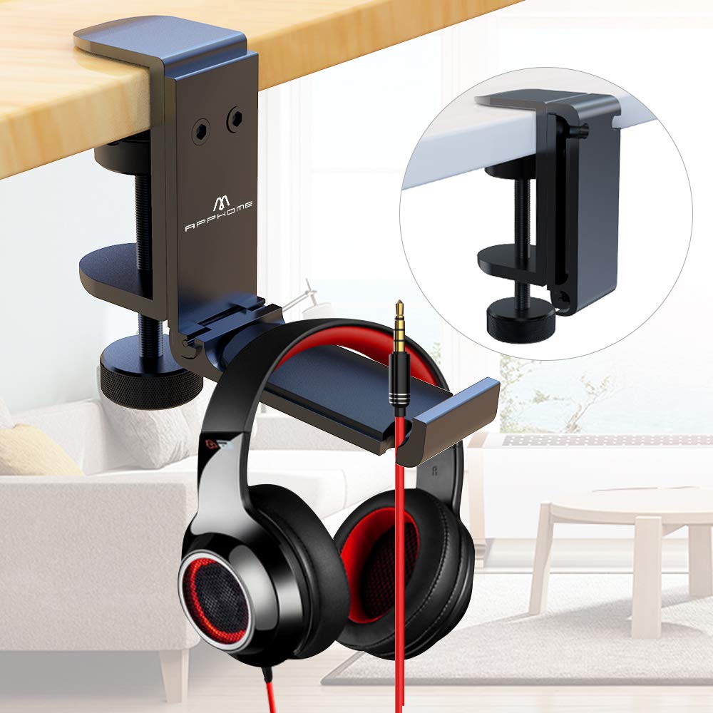 APPHOME 2Pack Upgrade Foldable Headphone Stand Under Desk PC Gaming Headset Hanger Holder Hook Clamp with Built in Cable Clip Organizer Space Save Mount Fold Upward Not in Use, Universal Fit, Black