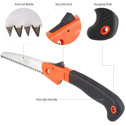 Folding Pruning Saw, Premium Folding Hand Saw with Secure Lock Comfort Soft Grip for Garden or Tree Pruning, Camping, Wood Working(Orange+Black)