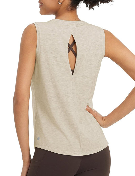 baleaf Yoga Tops for Women High Neck Open Back Workout Tank Tops Sleeveless Shirts Loose Fit Athletic Gym Heather Khaki L