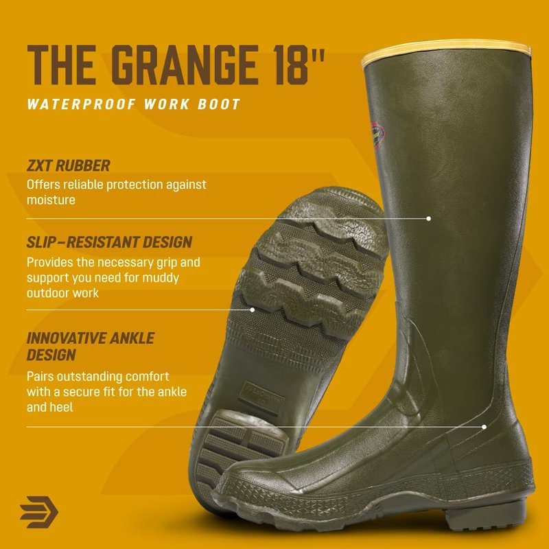 LaCrosse Grange Rubber Hunting & Work Boots for Men - Waterproof ZXT Rubber, with Adjustable Fit Strap, EVA Footbed, and Slip-Resistant Outsole, OD Green - 8