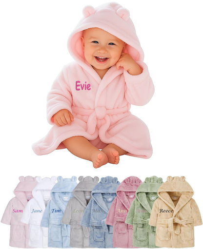 Hoolaroo Personalised Baby Dressing Gown Baby Dressing Gown Robe With Teddy Ears Bath Robe Towel Personalised Gifts Girl Boy Clothing Pink 12-18 Months