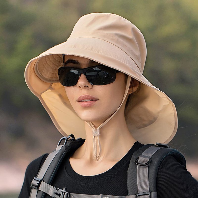Packable Extra Large Brim Floppy Sun Hat Reversible UPF 50+ Beach Sun Bucket Hat (A-Khaki)