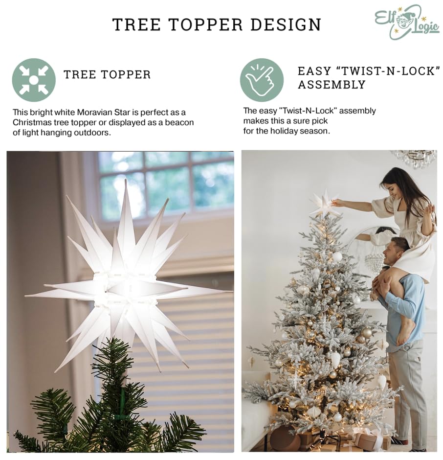 Elf Logic 12" Bright White LED Moravian Star Tree Topper - Hanging Outdoor/Indoor Christmas Tree Star Topper Light - Use as Holiday Decoration, Porch Light, Wedding and Ballroom Venue Decor