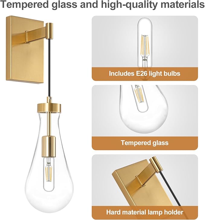 BELS 17inch Gold Wall Sconce, Modern Raindrop Shade Wall Light, 3000K Warm Light, E26, Hardwire Wall Light Fixtures for Living Room, Bedroom, Dining Room, 1 Pack(Bulb Included)