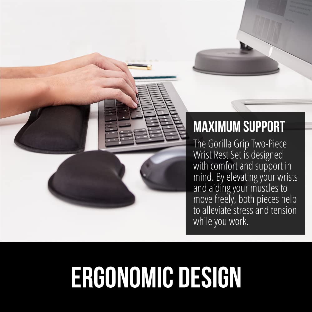 GORILLA GRIP Silky Gel Memory Foam Wrist Rest for Computer Keyboard, Mouse, Ergonomic Design for Typing Pain Relief, Desk Pads Support Hand and Arm, Mousepad Rests, Stain Resistant, 2 Piece Pad, Black