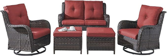 Rilyson Wicker Patio Furniture Set - 5 Piece Rattan Outdoor Sectional Conversation Sets with 2 Rocking Swivel Chairs,2 Ottomans and 1 Loveseat for Porch Deck Garden(Brown/Red)