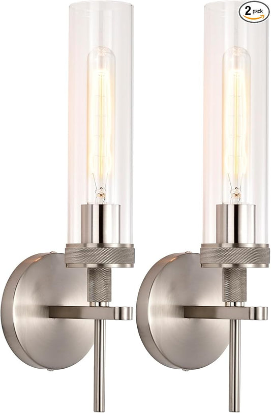 Brushed Nickel Bathroom Vanity Light, Wall Sconces Set of 2 with Knurled Texture, Chrome Silver Wall Lamps with Clear Glass Shade, Modern Industrial Bathroom Lighting Fixtures Over Mirror