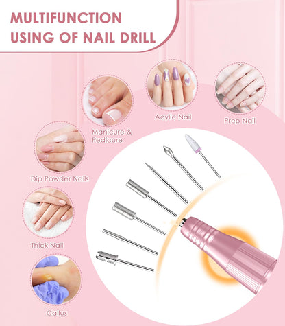 Portable Nail Drill Electric File: 40000RPM Professional Rechargeable Nail E-File Machine, Cordless Nail Drill with Bits & Base for Acrylic Nails Remove Nail Gel Polish Manicure for Salon Home, White