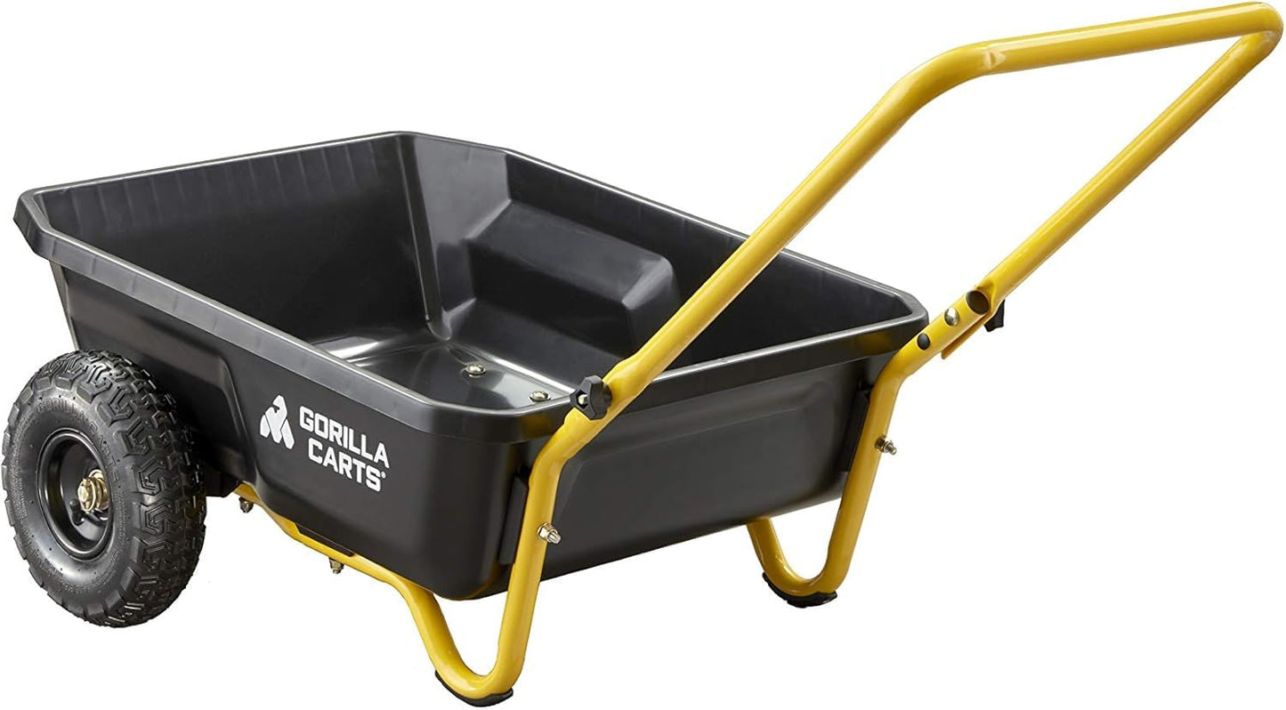 Gorilla Carts GCR-4 4 Cu. Ft Poly Yard Cart, 300-pound Capacity, Garden Cart with 30in x 24in impact-resistant poly bed and 10in pneumatic tires, Black/Yellow