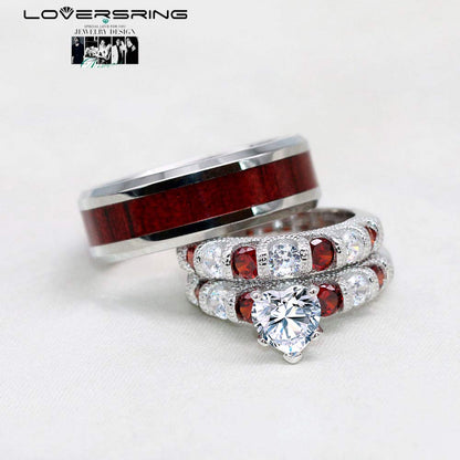 LOVERSRING Two Rings His and Hers Wedding Ring Sets Couples Rings White Gold Plated Stainless Steel Wedding Engagement Ring Bridal Sets Men's Tungsten Carbide Band
