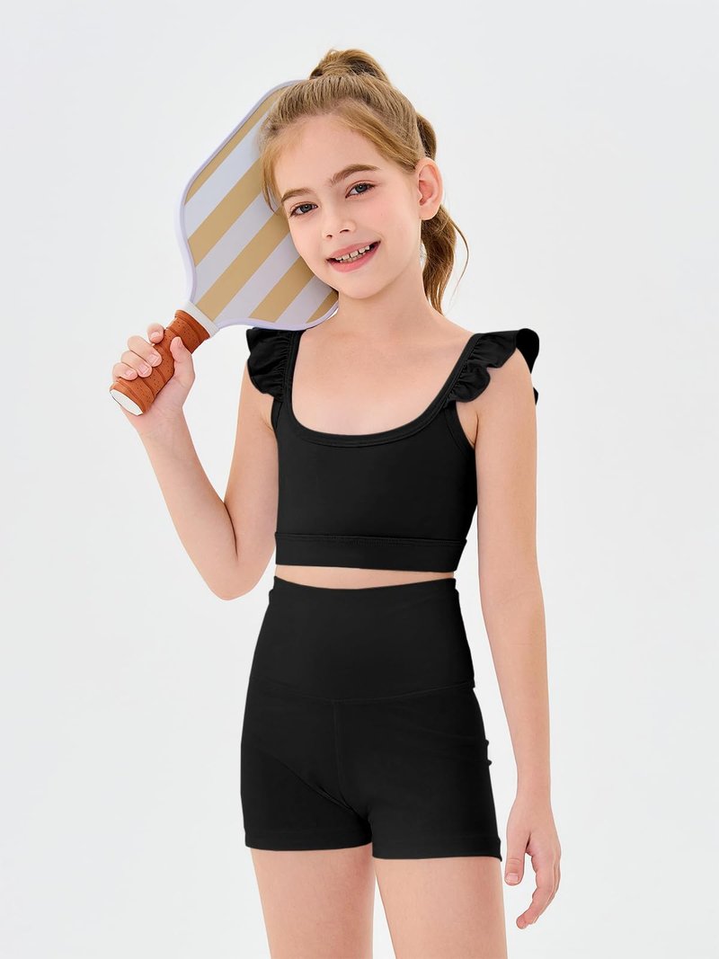 Haloumoning Girls Training Bra Kids Cute Ruffle Sports Bra Workout Yoga Bra Comfort Dance Crop Top Black